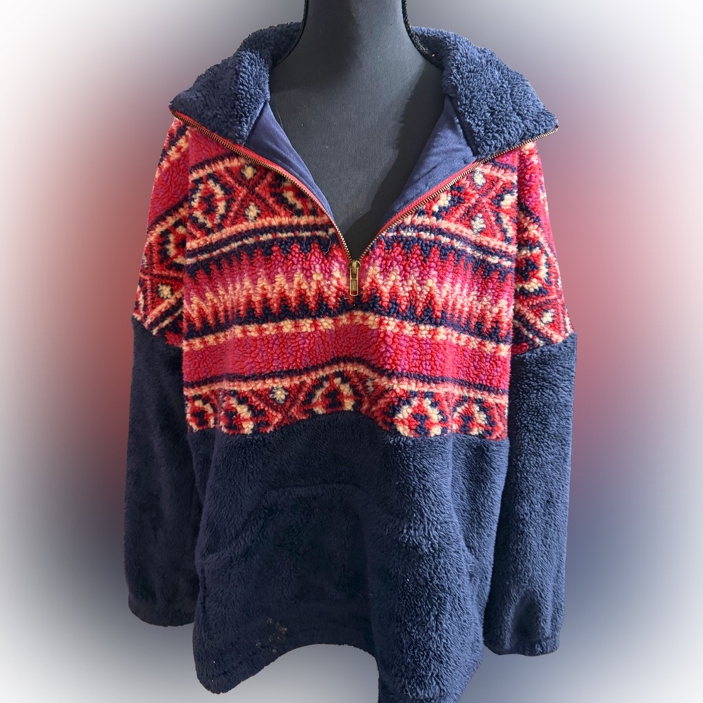Entro Fully Lined Western Aztec Navy Pullover Sherpa Size Small Cozy Stylish